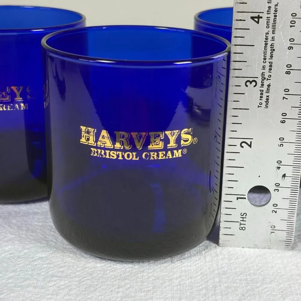 Vintage Harvey’s Bristol Cream Cobalt Blue Rocks Glasses Set of 3 Gold Logo